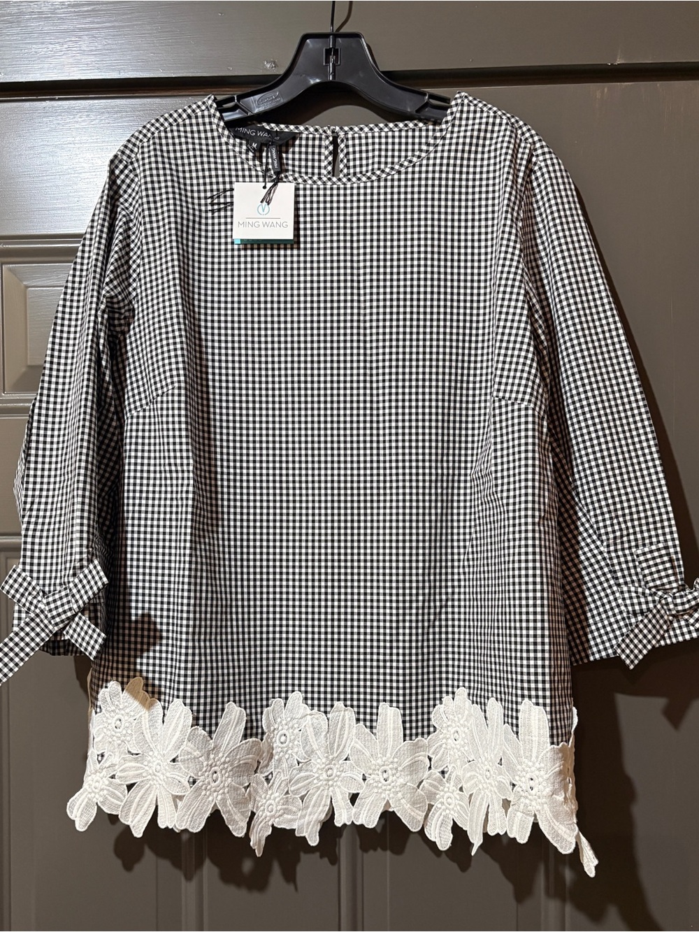 Ming Wang Black & White Gingham Blouse with Floral Lace Trim